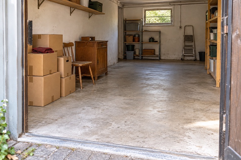 Konzeptmotiv einer teilweise geräumten Garage mit freier Fläche und Kartons am Rand.
