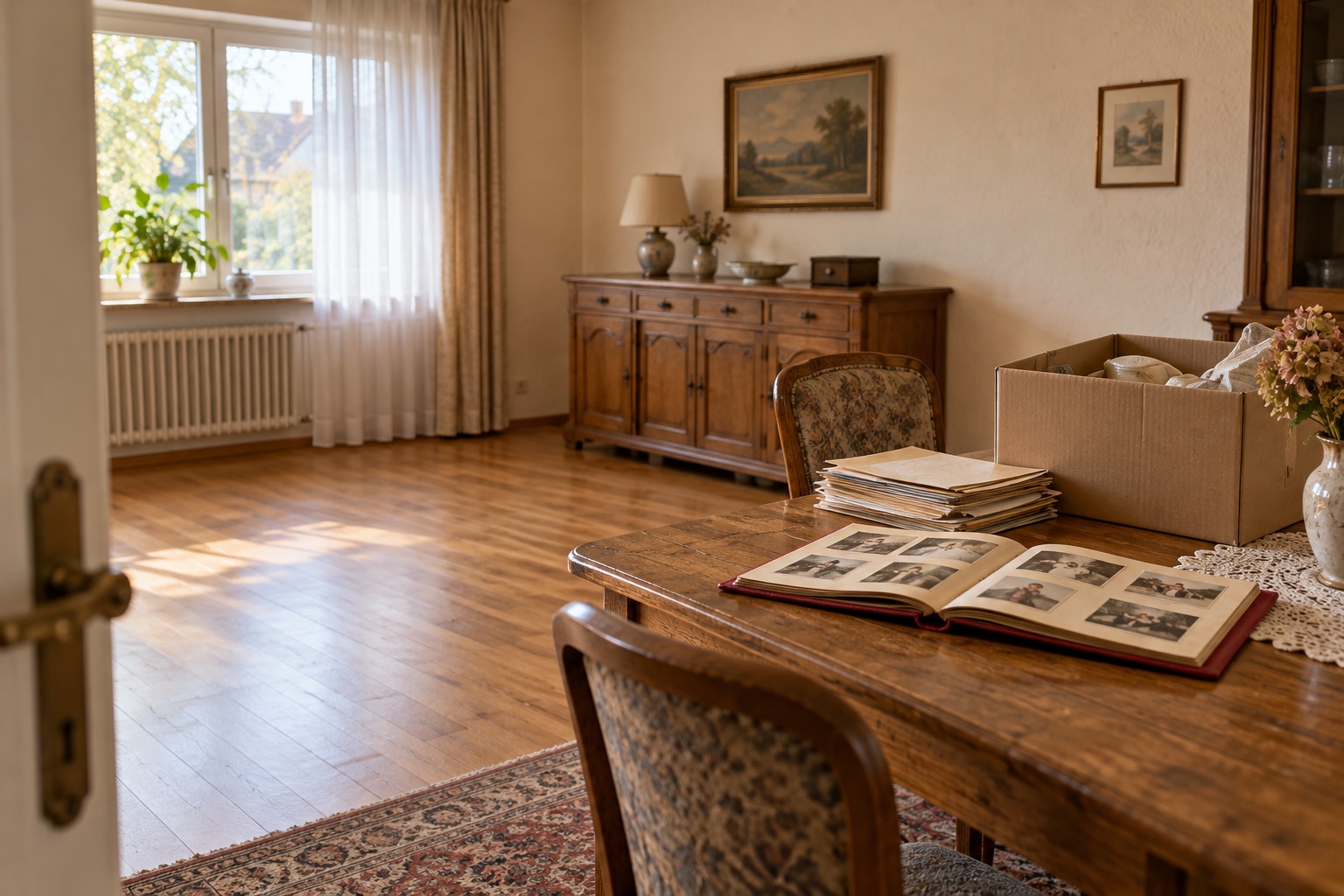 Konzeptmotiv mit Erinnerungsstücken und gepacktem Karton in einem Wohnraum
