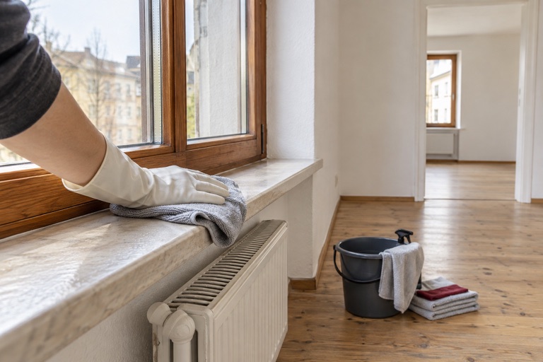 Konzeptmotiv einer Hand beim Reinigen einer Fensterbank in einem leeren Raum.