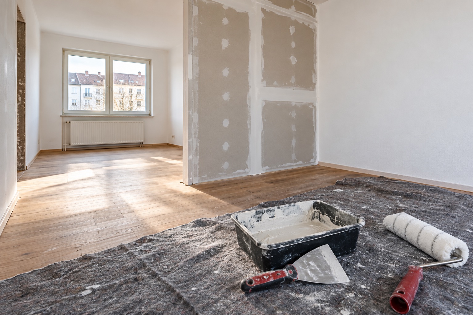 Konzeptmotiv einer Trockenbauwand mit Werkzeug für den weiteren Ausbau.
